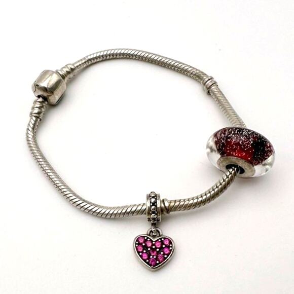 Pandora Sterling Silver Bracelet w/ Red Rhinestone Pave Heart Dangle Charm - Picture 8 of 8